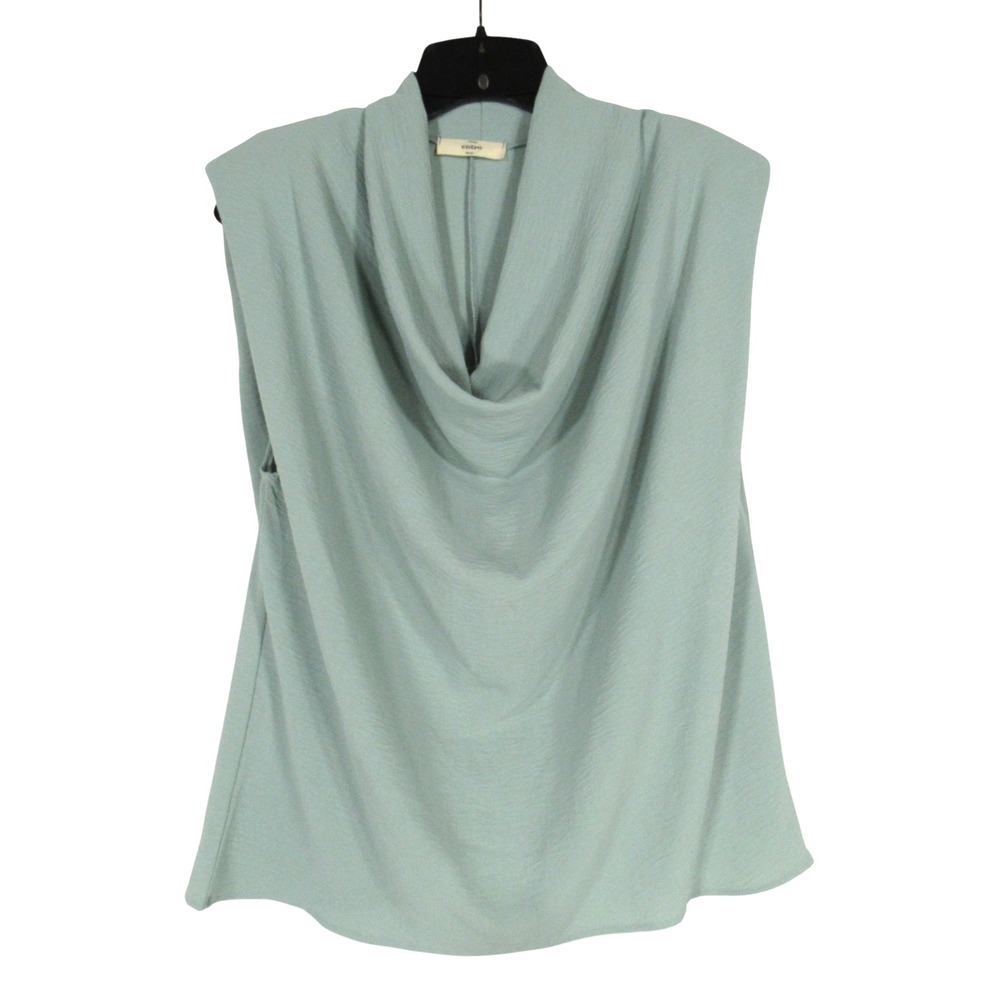 ENTRO Green CREPE Sleeveless DRAPE NECKLINE Shoulder Pads BLOUSE/TANK TOP Sz S